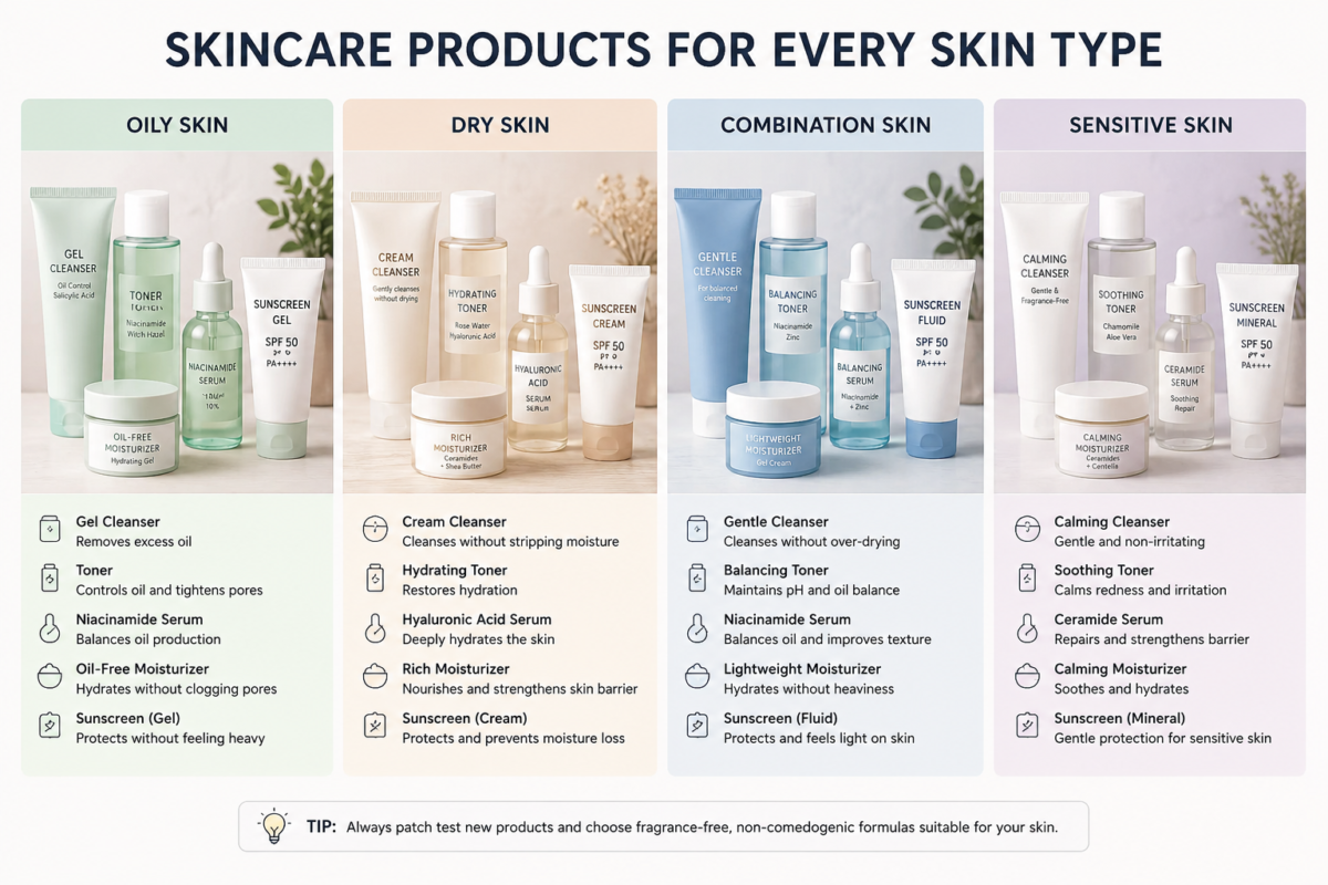 Skincare products for different skin types